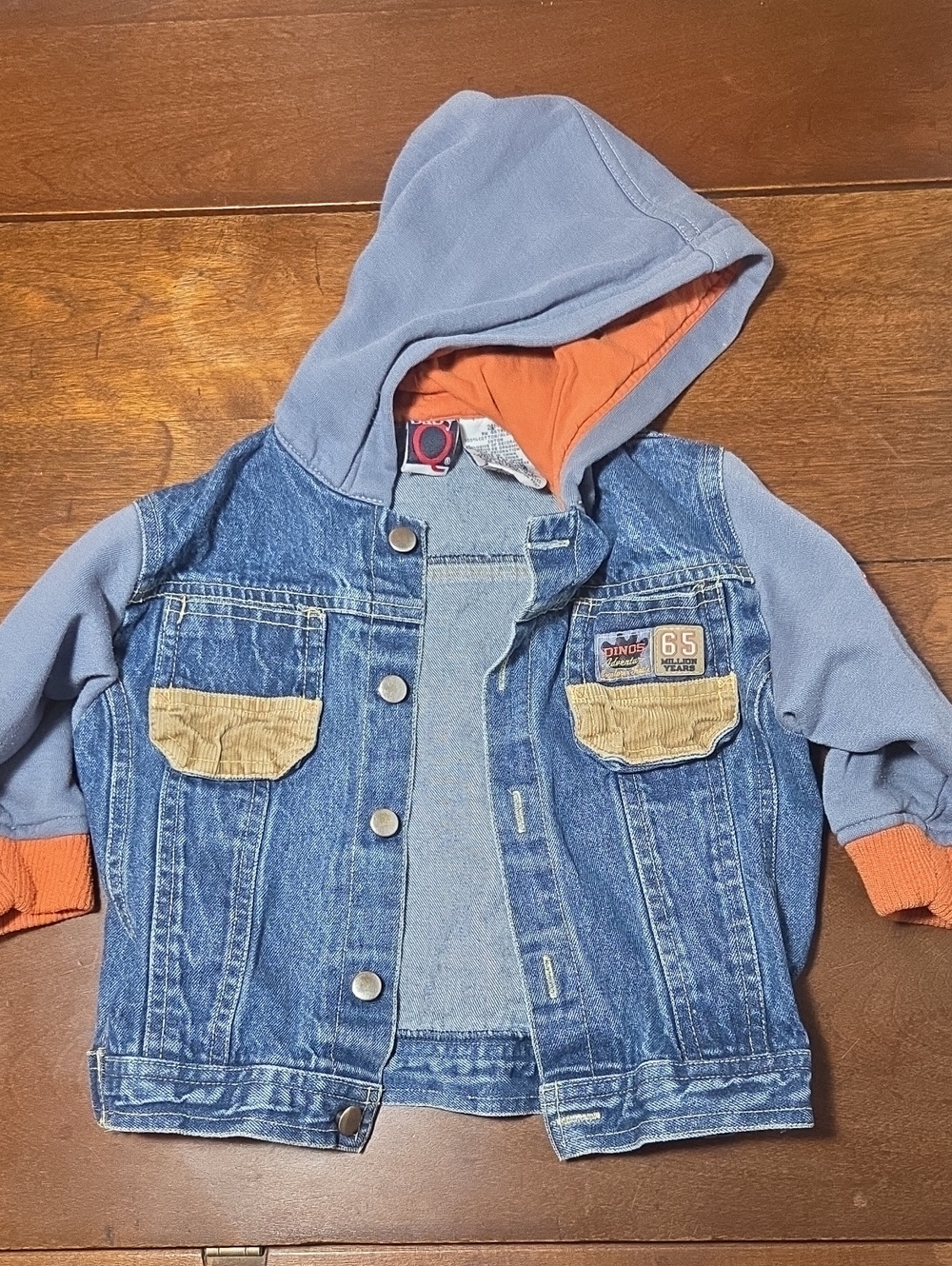 Baby Q Vintage Denim Jacket Boys Size 24 Month Hooded Pockets Dinos Adventure